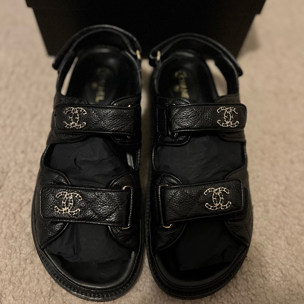 Chanel Dad Sandals 37.5 calf skin, Gold hardware